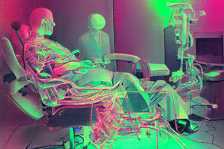 Prompt: man laying on a dentist's chair connected to a machine in a room filled with computer cables and organic material by nikita panin and din burns and phosphor, glitch art, large patches of colors, high contrast, intricate, hyper detailed