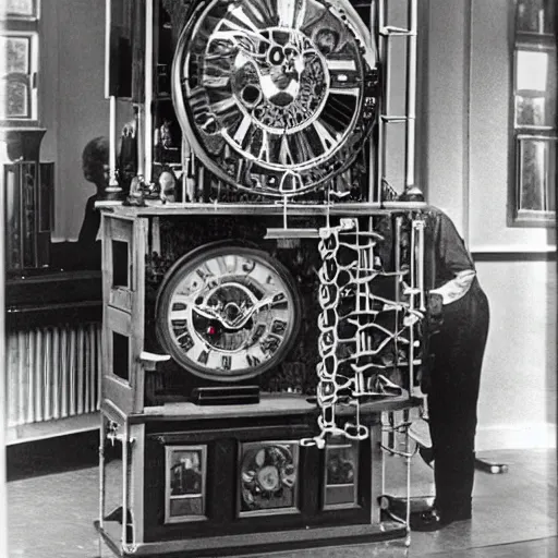 Image similar to albert einstein building intricate and complex clock time machine, vintage photograph