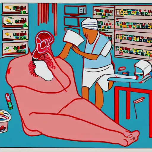 Image similar to chinese surgeons operating on a body on an operating table, in the style of daniel johnston and outsider art, 8k, line brush, minimal, overlaid with chinese adverts