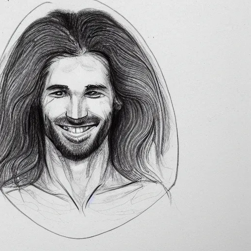 Prompt: sketch of a caucasian face, medium long hair, bad skin, skinny, oval head shape, smiling, climber