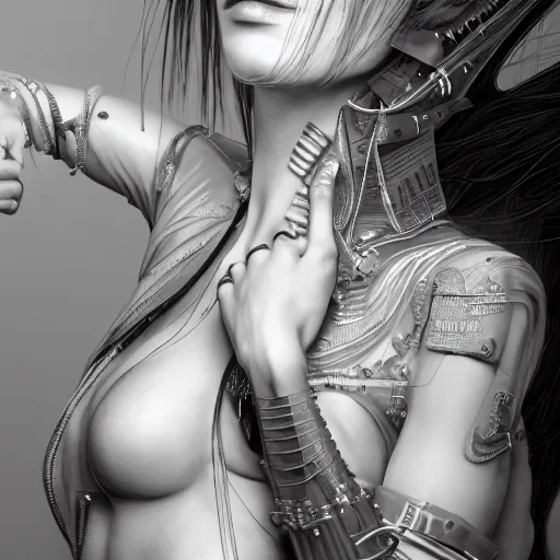 Prompt: the portrait of an absurdly beautiful, graceful, sophisticated, fashionable cyberpunk gravure idol, an ultrafine hyperdetailed illustration by kim jung gi, irakli nadar, matt wisniewski, intricate linework, silvrr wiring, porcelain skin, unreal engine 5 highly rendered, global illumination, radiant light, detailed and intricate environment