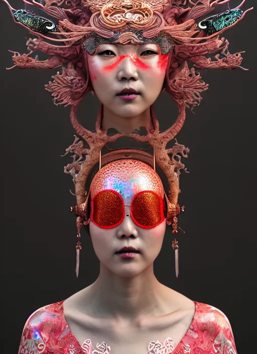 Image similar to 3 d goddess waist shot portrait. beautiful intricate highly detailed korean dokkaebi skull and traditional korean hanbok. elegant stingray, magpie, iridescent, plasma, lava, ice, water, wind, creature, volumetric lighting, twilight forest background, artwork by tooth wu and wlop and beeple and greg rutkowski, 8 k trending on artstation,