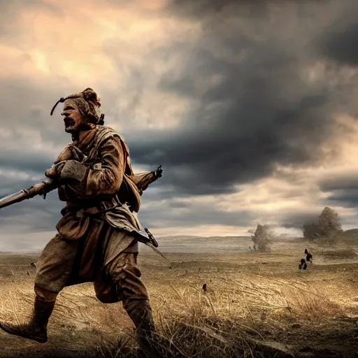 Image similar to war, pyrrhic war, loner, battlefield scene, dramatic lighting, ultra hd, hdr, 8 k