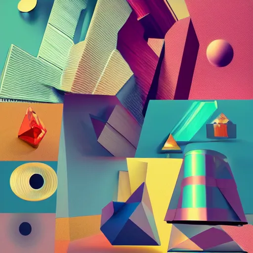 Prompt: a collage of different shapes and sizes of objects, a 3D render by Bedwyr Williams, behance contest winner, crystal cubism, vaporwave, synthwave, y2k aesthetic