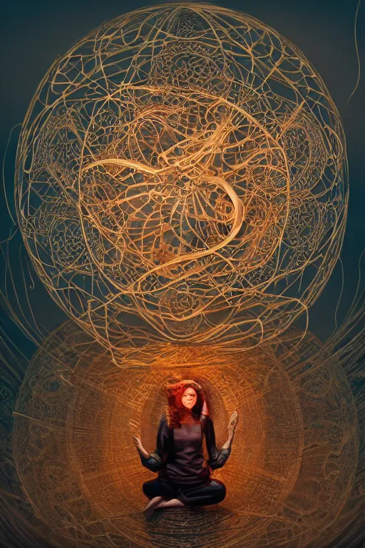 Prompt: an immaculate render of a complex metallic sphere spawning cables and bird wings, floating in a temple surrounded by wild tentacles made from mandalas and incense smoke, full body, perfect face, powerful, cinematic, beautifully lit, by vitally bulgarov, by greg rutowski, by karol bak, 3 d, trending on artstation, octane render, 8 k