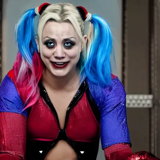 Image similar to A still of Kaley Cuoco as Harley Quinn