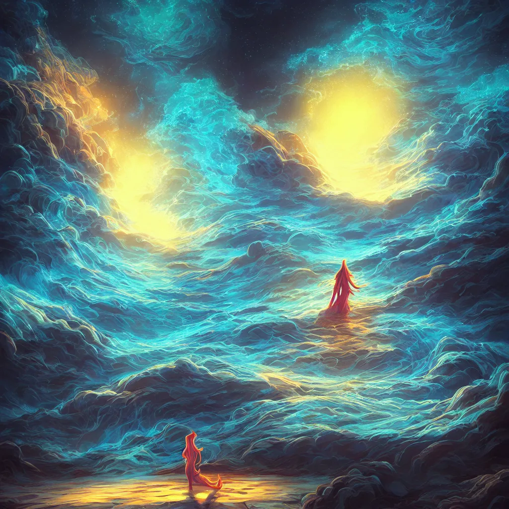 Image similar to Elemental colorful pixar moongate, digital matte black paper art pastiche by Moebius and by Cyril Rolando, Beautiful epic night fire seascape, pastiche by Moebius, Cyril Rolando, Shawn Coss, Junji Ito, and Roger Dean