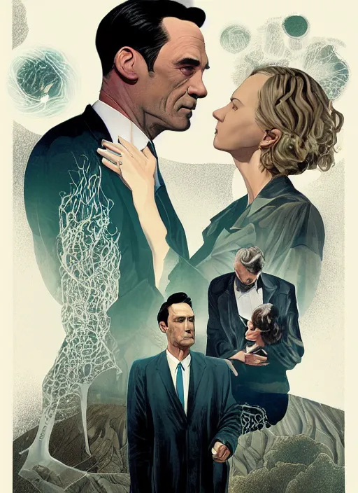 Prompt: poster artwork by Michael Whelan and Tomer Hanuka, Karol Bak of Naomi Watts & Jon Hamm husband & wife portrait, in the pose of Theory of Everything poster, from scene from Twin Peaks, clean, simple illustration, nostalgic, domestic, full of details