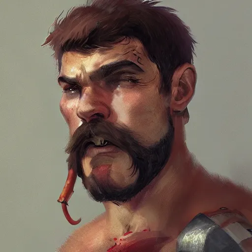 Image similar to portrait barbarian gladiator with trucker mustache and short hair, 8 k, trending on art station, by tooth wu and greg rutkowski