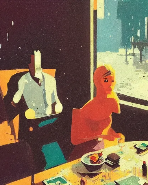 Prompt: a man and a woman sitting at a table, a screenshot roman muradov and paul lehr and dan mumford, trending on pinterest, barbizon school, movie still, hall of mirrors, filmic