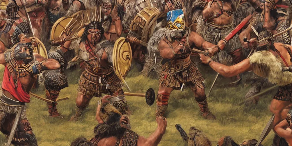 Prompt: Aztec Warrior fighting against Viking. Historically accurate, highly detailed, realistic.