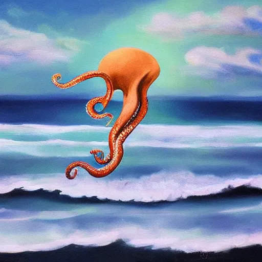 Image similar to painting of a surfing octopus on a surfboard surfing through the clouds