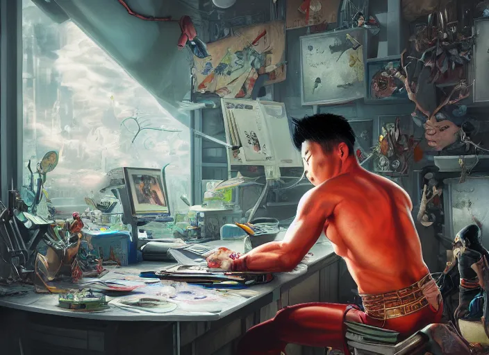 Image similar to an insanely detailed painting of an asian man wearing a homemade superhero costume, sitting at a desk, staring seriously at the computer and typing, in the style of peter mohrbacher, james jean, artgerm, dramatic lighting and composition, surreal background, octane render, pixar, trending on artstation, concept art, comic book, view from behind, 8 k