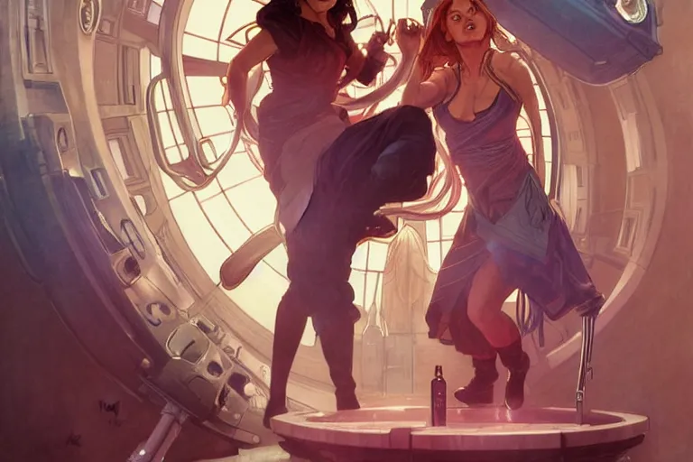 Image similar to doctor who, woman as a mad dentist in the tardis, art by artgerm and greg rutkowski and alphonse mucha