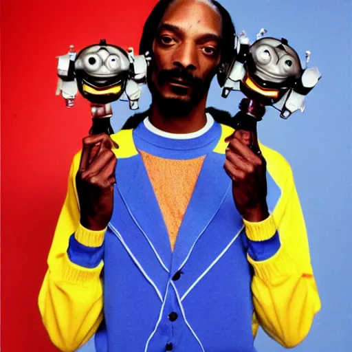 Image similar to Snoop Dogg holding two robots for a 1990s sitcom tv show, Studio Photograph, portrait, C 12.0