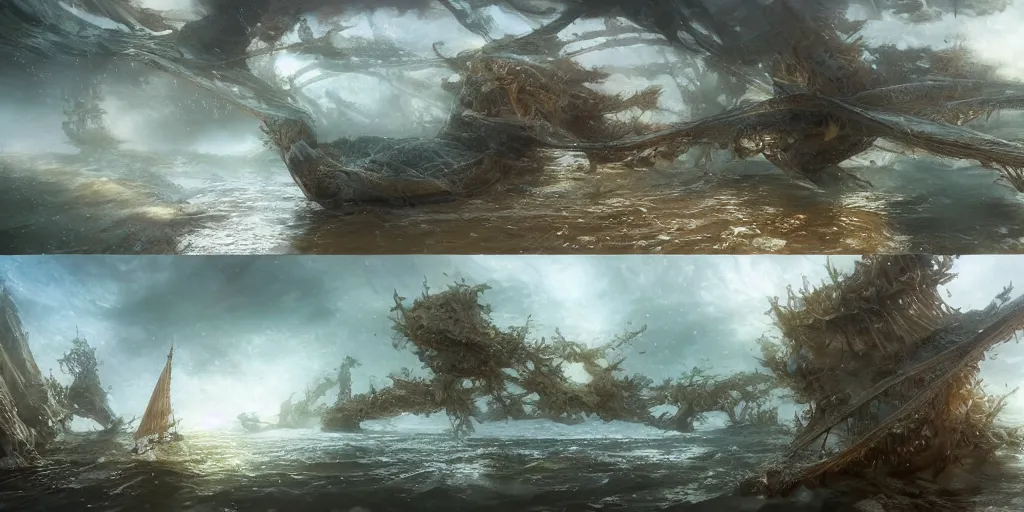 Image similar to study material with side perspective, transparent water River flow, realistic water foam,agua droplets, underwater, bridge made of water ,physically based rendering, defined features by ellen jewett, tomasz alen kopera and Justin Gerard