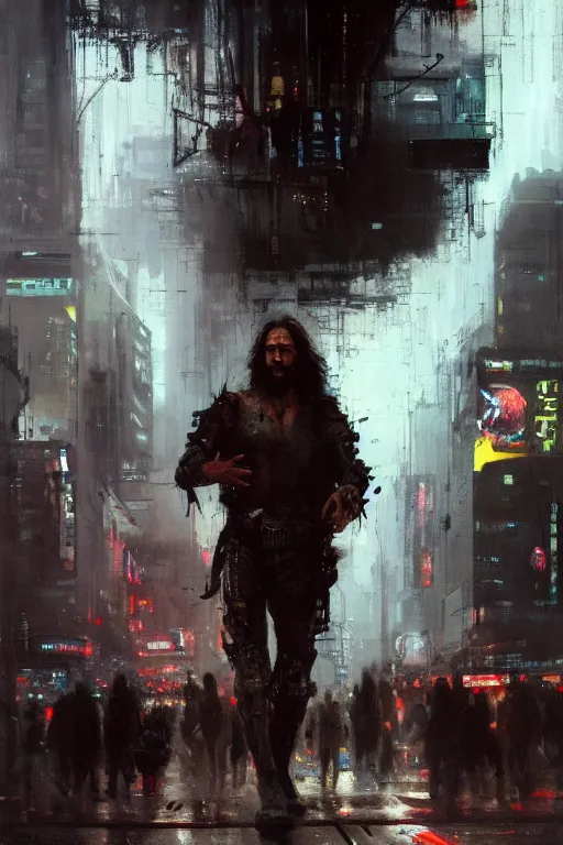 Prompt: full body portrait of Jesus as a cyborg walking through a crowded futuristic city street as the people part around him, by Jeremy Mann, stylized, detailed, realistic, loose brush strokes, dark tones, neon hue, intricate