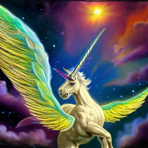 Prompt: an iridescent unicorn with translucent wings frolicking in a field of marijuana, a nebula is in the sky, oil painting by boris vallejo, concept art, highly detailed, high quality, 8 k,