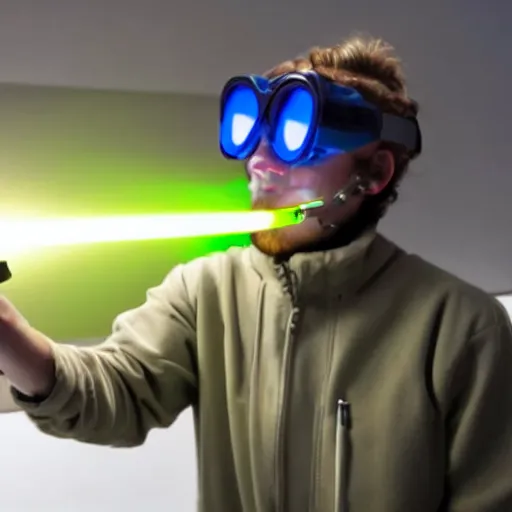 Image similar to a scientist standing in a dark room wearing goggles looks ecstatic while testing out the new laser gun prototype by firing it