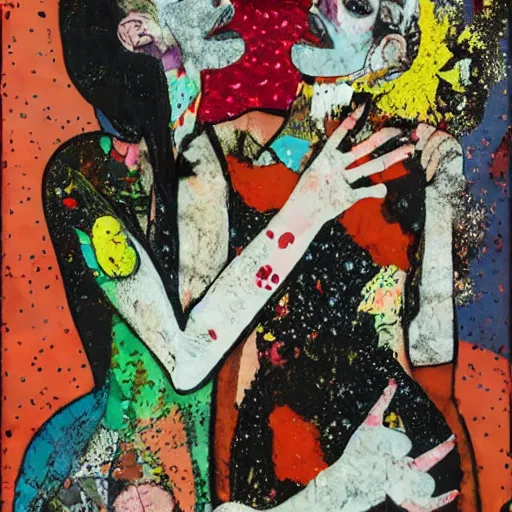 Image similar to two women kissing at a carnival in your worst nightmares, mixed media collage, retro, paper collage, magazine collage, acrylic paint splatters, bauhaus, abstract claymation, layered paper art, sapphic visual poetry expressing the utmost of desires by jackson pollock