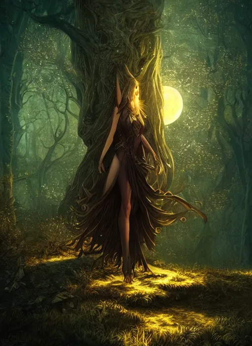 Image similar to fantasy book cover, full moon, fantasy forest landscape, golden vector elements, fantasy magic, dark light night, intricate, elegant, sharp focus, illustration, highly detailed, digital painting, concept art, matte, art by WLOP and Artgerm and Albert Bierstadt, masterpiece