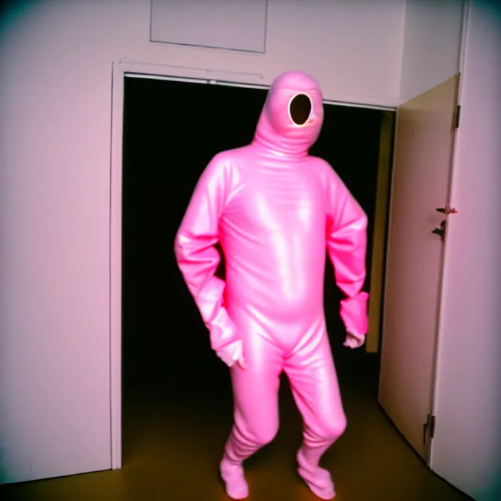 Image similar to a man in a pink morphsuit in a well - lit plain white hallway, double doors, orange eyes, linoleum floor, 3 5 mm, film shot, nightmare, horror