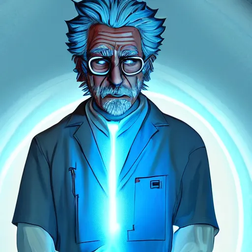 Image similar to portrait of old rick sanchez, lab coat and tee shirt, lens flare, atmosphere, glow, detailed, intricate, full of colour, cinematic lighting, 4 k, hyperrealistic, focused, extreme details, cinematic, masterpiece