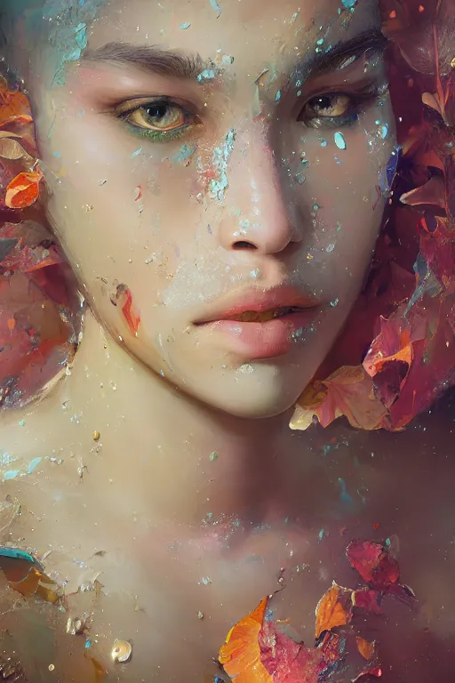 Prompt: close - up portrait of beautiful girl by irakli nadar with intricate detailed color smashing fluid oilpaint, color leaves, melting wax, broken mirror, fluid acrilic, abstract, ruan jia, scifi, fantasy, hyper detailed, octane render, concept art, by peter mohrbacher, by gustav klimt,