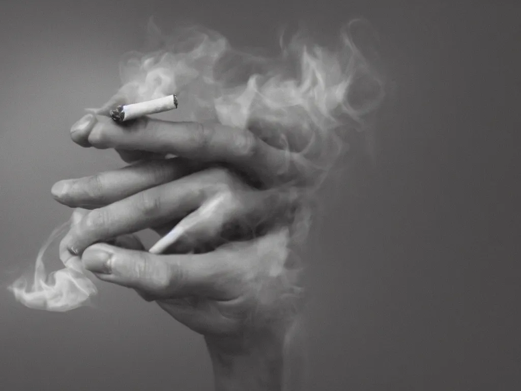 Image similar to Close-up view of hyperrealistic thin soft hand holding cigarette with smoke, by George Marks, hyper realism, 4K