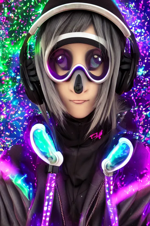 Prompt: portrait of an 3d anime character with cute sparkly eyes wearing a psychedelic holographic hoodie and headphones, long hair with pastel colors, wearing a cute face gas mask in the style of code vein by Kurumi Kobayashi Koichi Itakura, 3d anime, octane render, dynamic dramatic lighting, with glitch and chromatic abbreviations, artstation, cgsociety, imaginefx, by anime concept artist, rendered in unreal engine, by WENJR, WLOP, artgerm