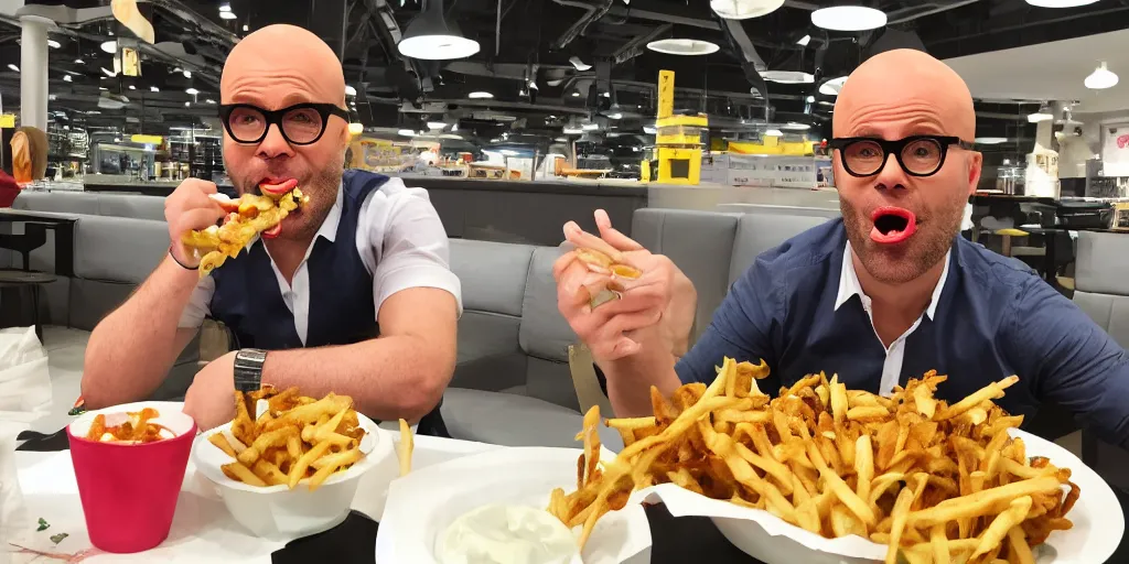 Prompt: Harry hill eating loaded fries in ikea