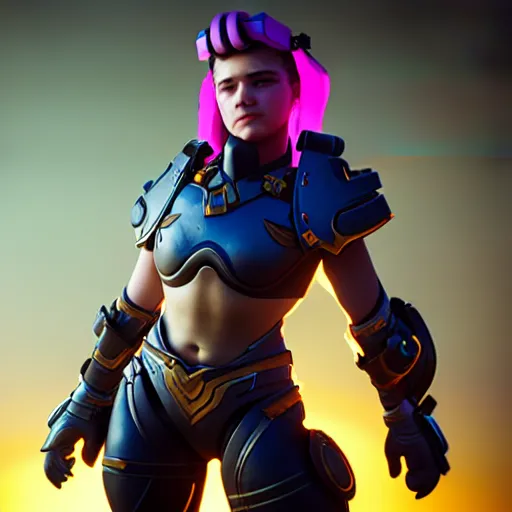 Prompt: a young girl with the appearance and armor of zarya from overwatch, design, octane render, 4 k, ingame shot