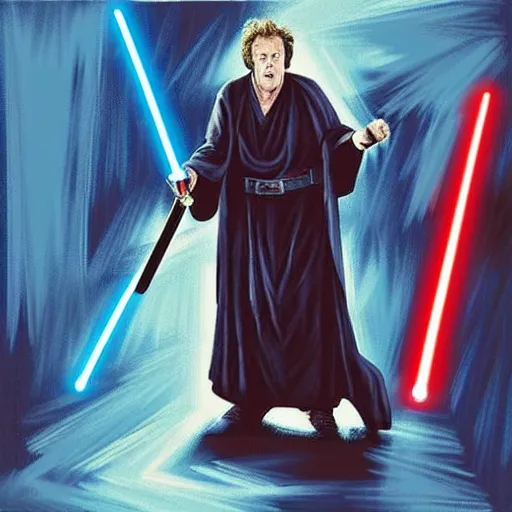 Image similar to “Jeremy Clarkson as a Sith dueling James may as a Jedi, with lightsabers, oil painting”
