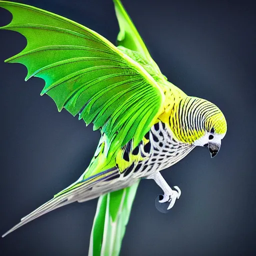 Image similar to a budgie with dragon wing, high detail, hd, 4k, 8k, award winning photograph