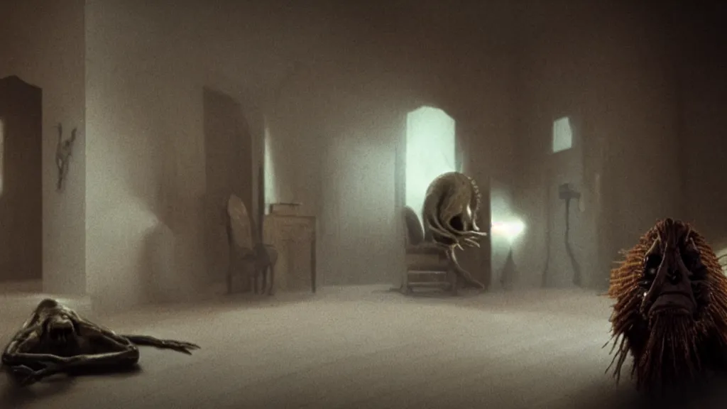 Image similar to the creature on the house in the house, film still from the movie directed by denis villeneuve and david cronenberg, with art direction by salvador dali, wide lens