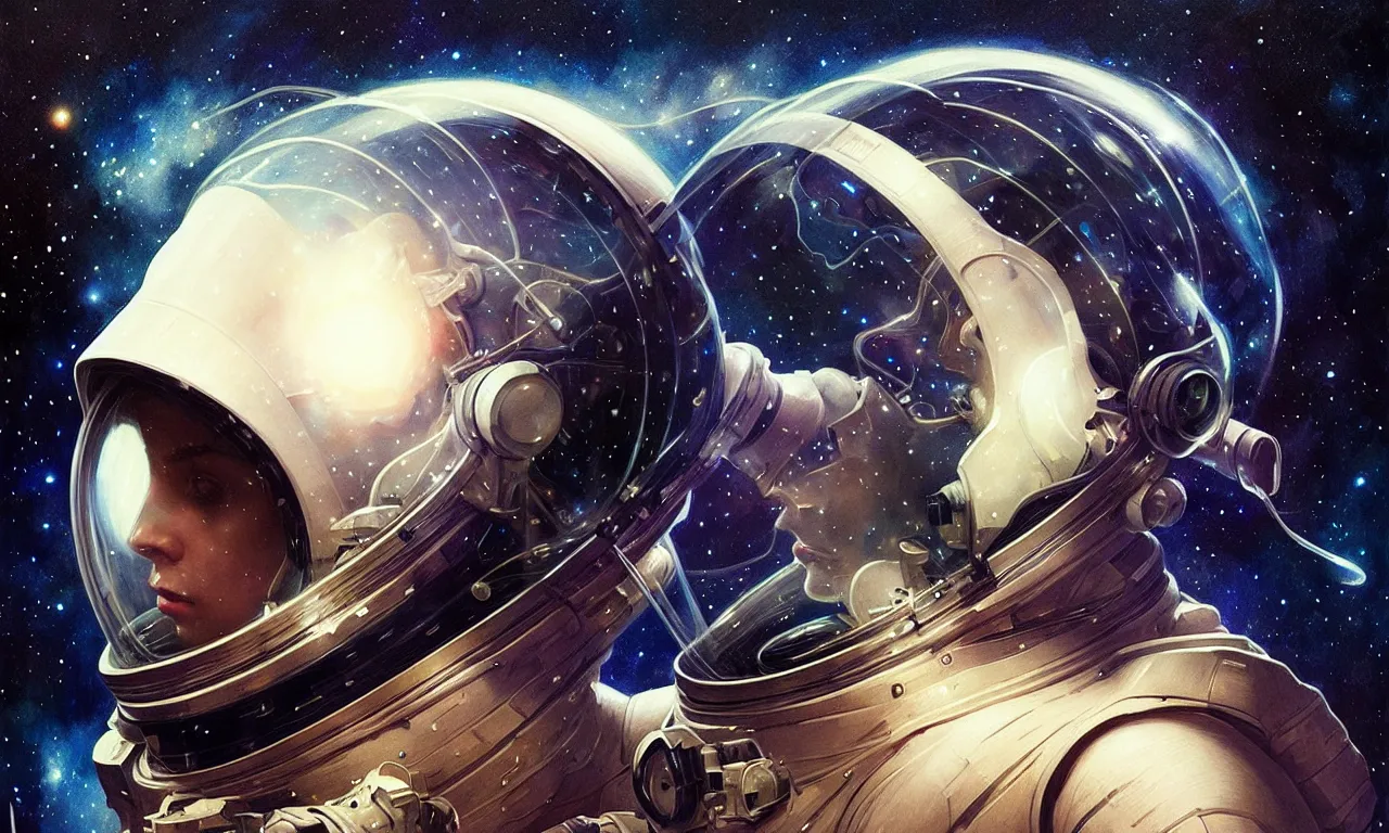 Image similar to Astronaut helmet is a reflection of stars and galaxies. Space exploration, an astronaut looks up into space, fantasy magic, undercut hairstyle, dark light night, intricate, elegant, sharp focus, illustration, highly detailed, digital painting, concept art, matte, art by WLOP and Artgerm and Greg Rutkowski and Alphonse Mucha, masterpiece