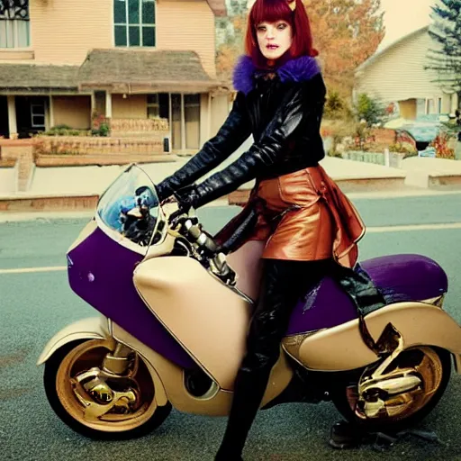 Image similar to a photo by arbus of a slender beautiful woman with straight ginger hair and bangs, wearing purple leathers and gold helmet, posing with large ginger tabby and raccoon on a motorcycle in her front yard, holding coffee mug and toasted brioche bun, fashion photography, dramatic lighting, 8 5 mm lens