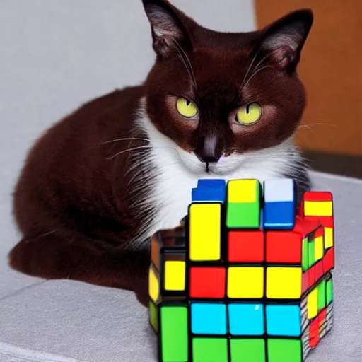 Prompt: a nerdy brown cat solving a rubiks cube