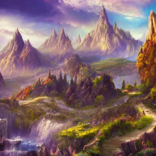 Image similar to A beautiful image of a fantasy landscape with towering mountainst and small castles scattered along a deep valley, 4k