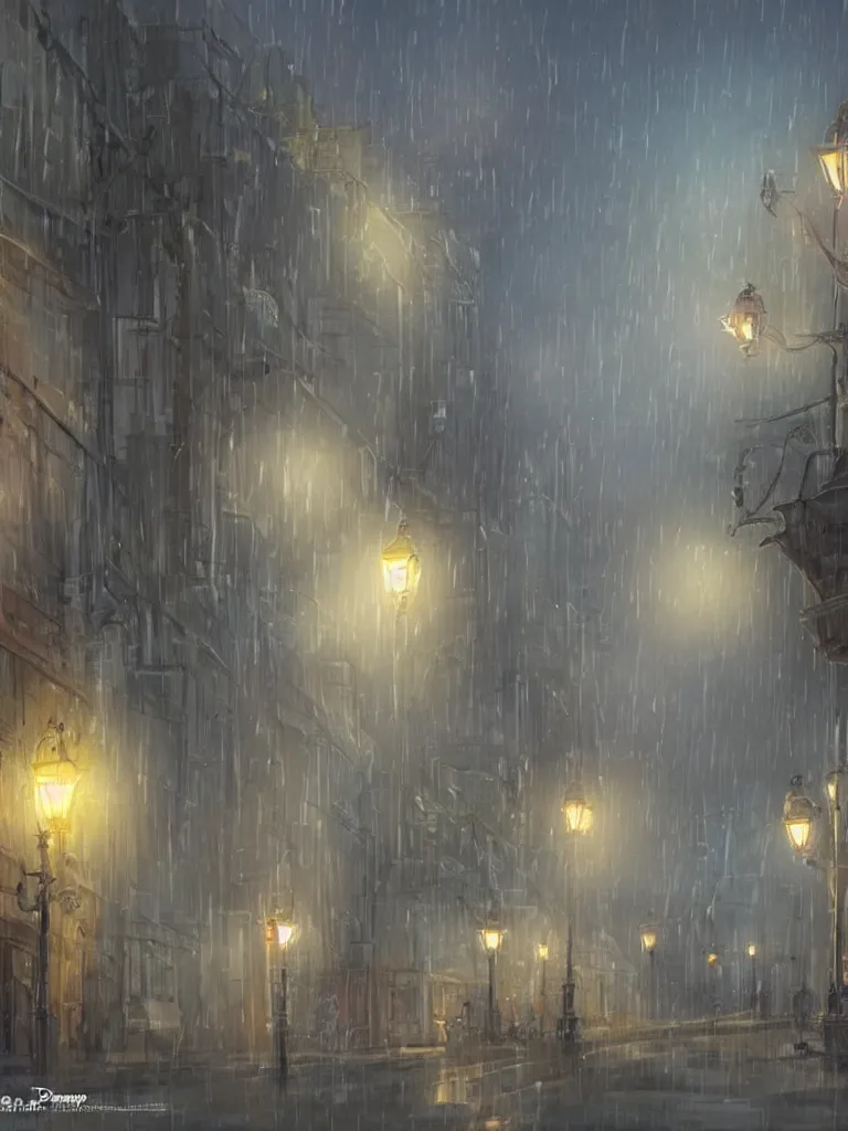 Prompt: street lamps shining though the rain by disney concept artists, blunt borders, rule of thirds
