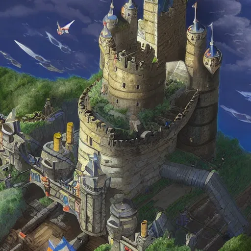 Prompt: Detailed digital illustration close up view on medieval castle fly in the sky Akira Toriyama and Blizzard Concept Artists