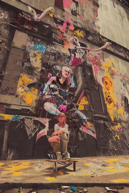 Prompt: punk girl sitting on extreme 3 d graffiti tag mural maximalism by atey ghailan, by greg rutkowski, by joe fenton, yellow, brown, black and cyan color scheme, octane render