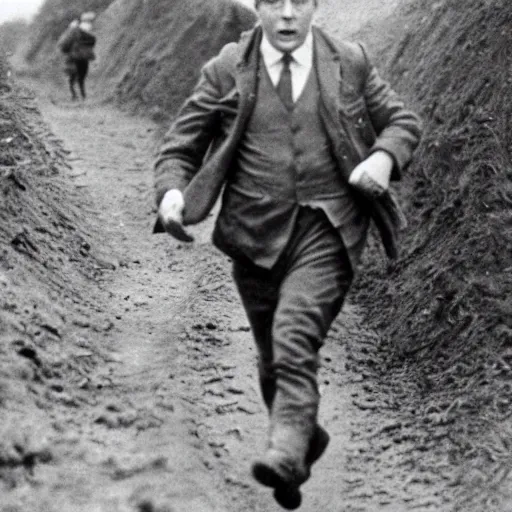 Prompt: Boris Johnson in the trenches, running away and being a coward, vintage 1920s photo