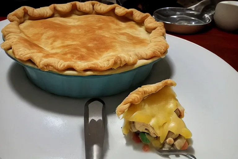 Image similar to a kitty eating a chicken pot pie, hyper realistic, photograph, cute