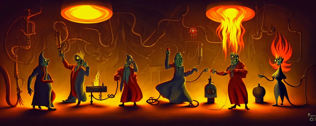 Image similar to uncanny alchemist monsters in a fiery alchemical lab, dramatic lighting, surreal 1 9 3 0 s fleischer cartoon characters, surreal painting by ronny khalil