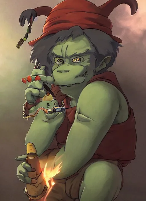 Prompt: studio ghibli pathfinder 2 e illustration of goblin mixed with a monkey smoking a cigar, character portrait, unreal engine, hyper realism, realistic shading, cinematic composition, realistic render, octane render, detailed textures, photorealistic, wide shot