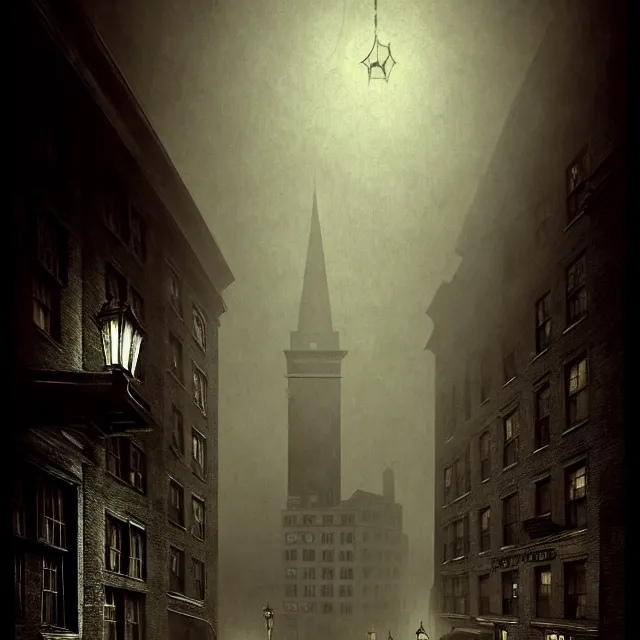 Prompt: photo of a haunted gothic hotel, 1920s boston overlooking a dark street, lovecraft, paul carrick, photorealistic, dark, atmospheric lighting, painted, intricate, ultra detailed by Leesha Hannigan, Thierry Doizon, Kai Carpenter, well composed, best on artstation, cgsociety, epic, stunning, gorgeous, intricate detail, wow, masterpiece