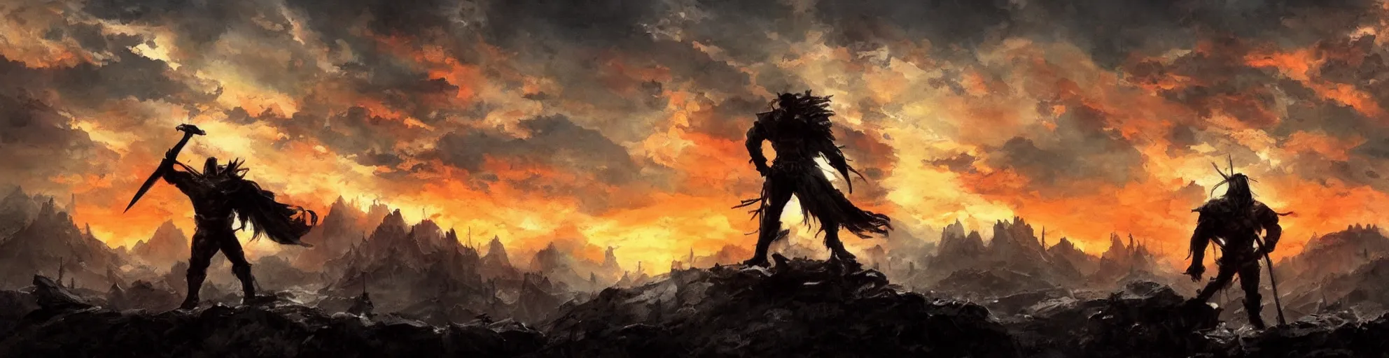 Prompt: dramatic sunset and dramatic sky , lone muscular knight stands the middle with big sword in hand and looks at the sun , painting by frazetta, low angle perspective, postapocalyptic panorama.asthetics !