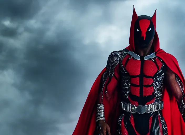 Image similar to film still of michael b jordan as spawn in the new spawn movie, giant chains, large cape, 8 k
