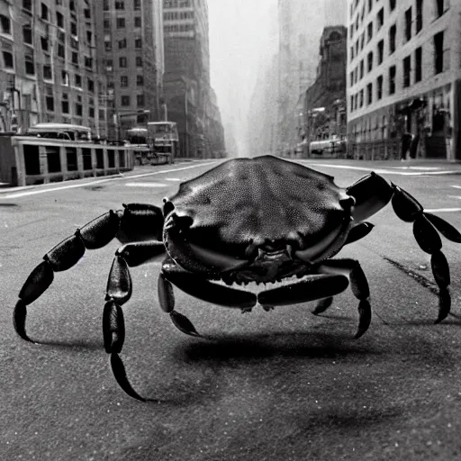 Image similar to A gigantic, huge crab, destroying New York City, photograph, found footage